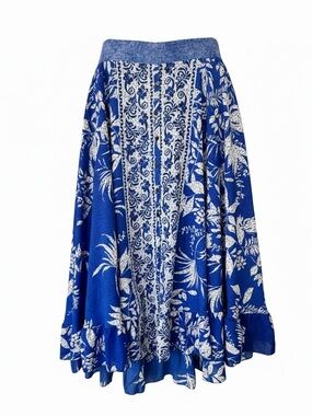 Masala Blue Floral Panel Skirt w/ White Print and Buttondown front - Size L